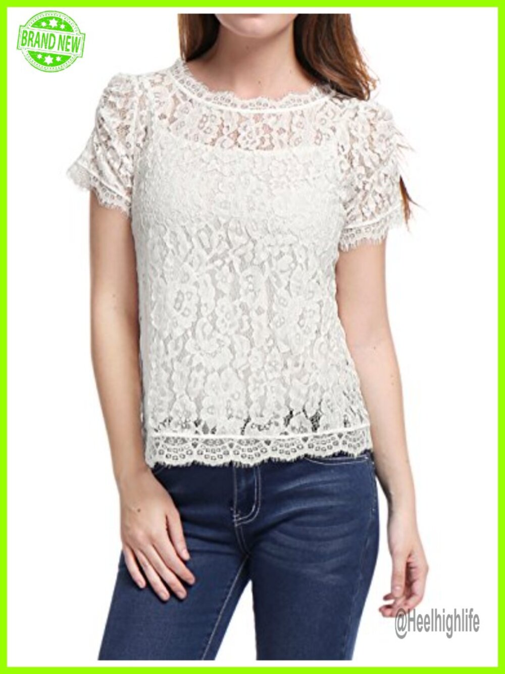 Floral Lace Short Sleeve Scalloped Trim Semi Sheer Blouse Top